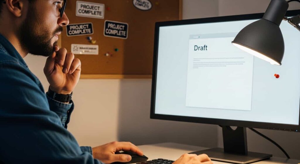 Freelance web developer hesitating while looking at a draft email on a computer monitor in a home office setting.
