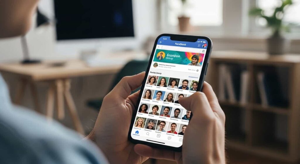 Person scrolling through a Facebook group on a smartphone, over‑the‑shoulder shot in a home office setting