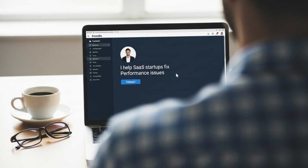 Web developer sending personalized LinkedIn connection request to SaaS founder for freelance work