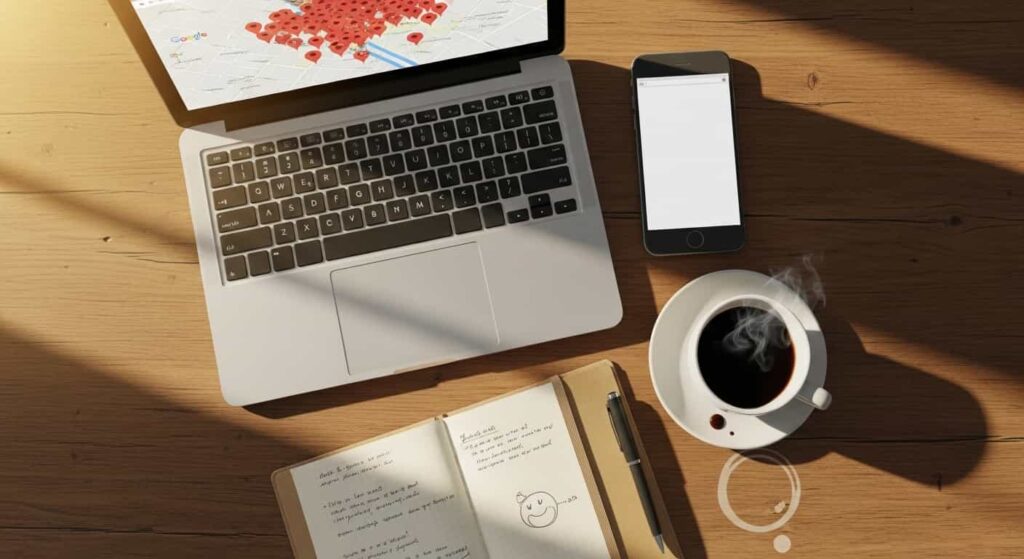 Freelancer preparing for client pitch with laptop showing local search results and smartphone displaying mobile website