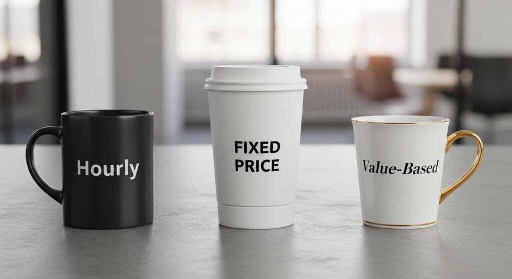 Three coffee cups representing hourly billing fixed project price and value based pricing models for freelancers