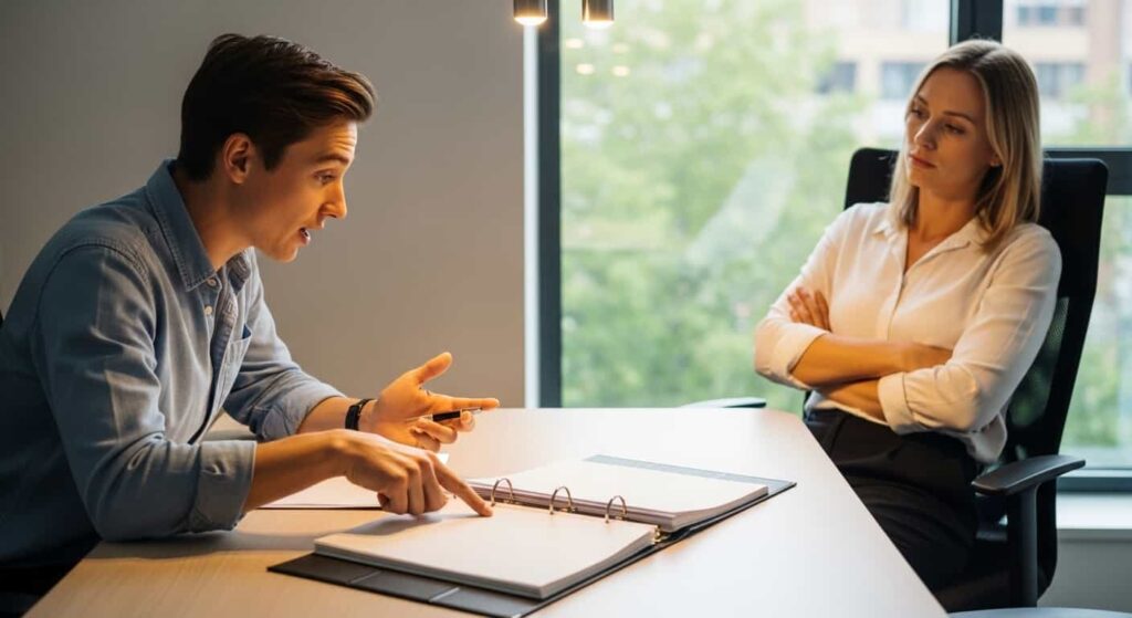Web designer talking about services while a client looks disengaged across a meeting table