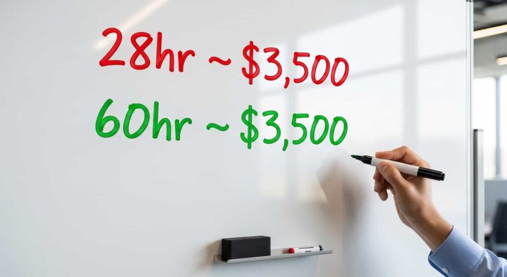 Whiteboard showing how finishing a web project in 28 vs 60 hours changes effective hourly earnings on a fixed project rate.
