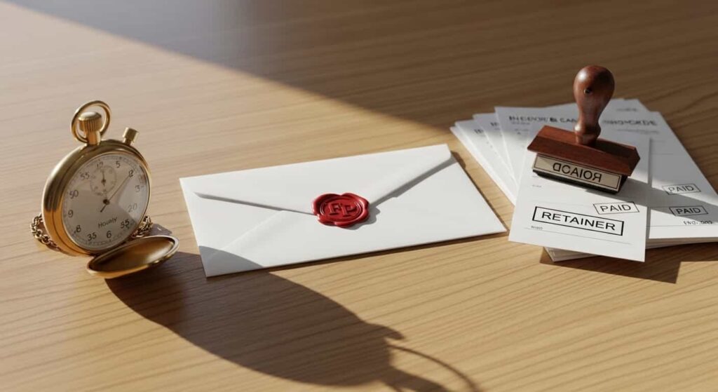 Three objects on a wooden desk representing pricing models for developers: a stopwatch for hourly billing, an envelope for fixed price projects, and a calendar stamp for retainer agreements.