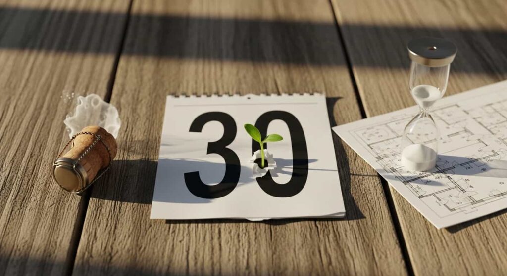 Three items representing referral timing stages: a champagne cork for launch, a sprouting calendar for 30-day check-in, and an hourglass for slow periods.