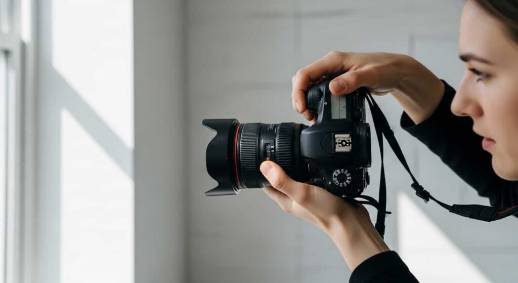 Photographer taking a professional headshot in a bright, minimal office with soft natural window light