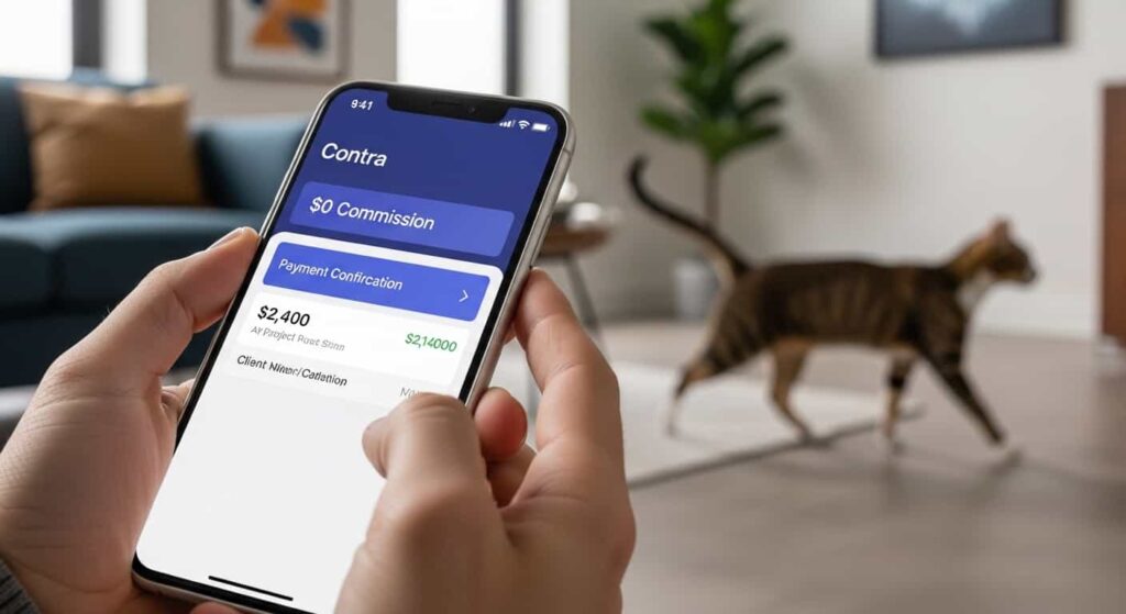 Freelance developer viewing zero percent commission earnings on Contra mobile app dashboard