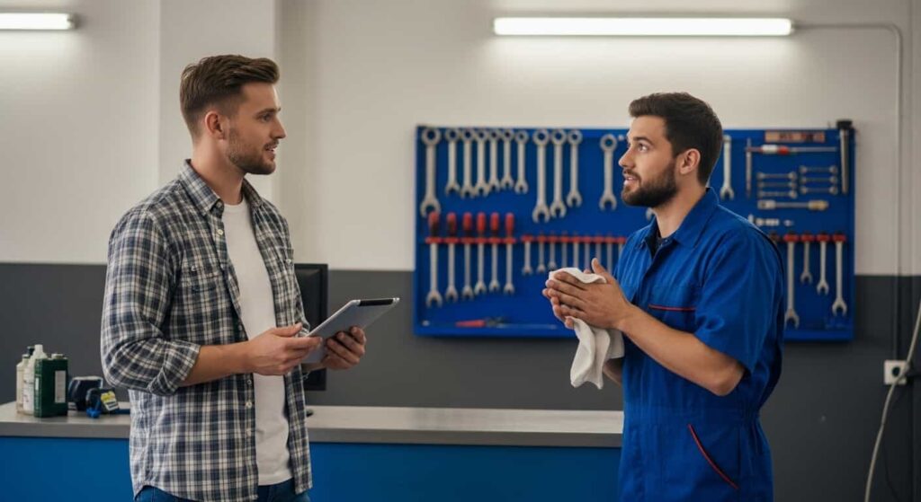 Web designer pitching free website audit to auto mechanic while standing at repair shop counter