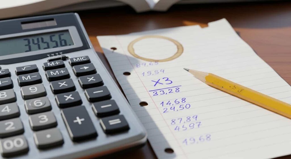 Calculator and handwritten notes showing cost calculation and multiplication by three for freelancer pricing