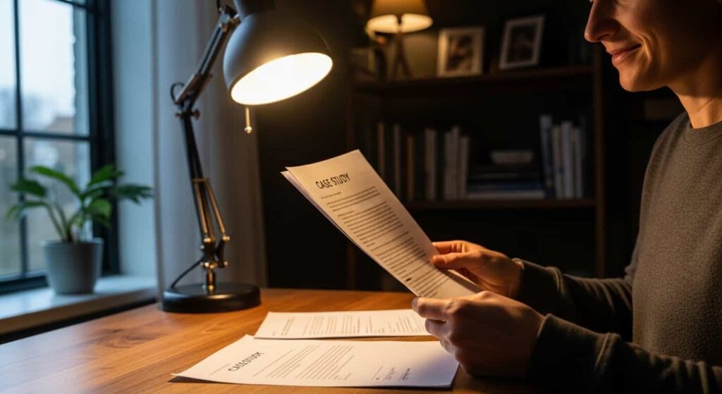 Business owner reading a client case study before signing a web design proposal