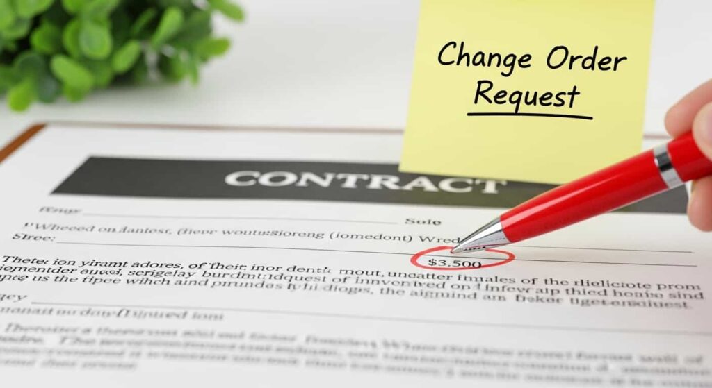 Web developer contract with a change order request sticky note and red pen highlighting additional fees to prevent scope creep.