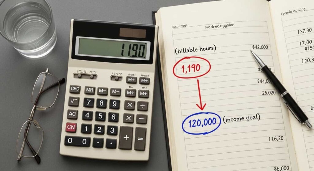 Overhead view of a calculator and a handwritten financial ledger calculating a freelance web developer's minimum viable hourly rate using billable hours and living costs.