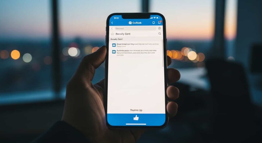 Hand holding a smartphone displaying a sent email with a positive reaction emoji after a website launch.