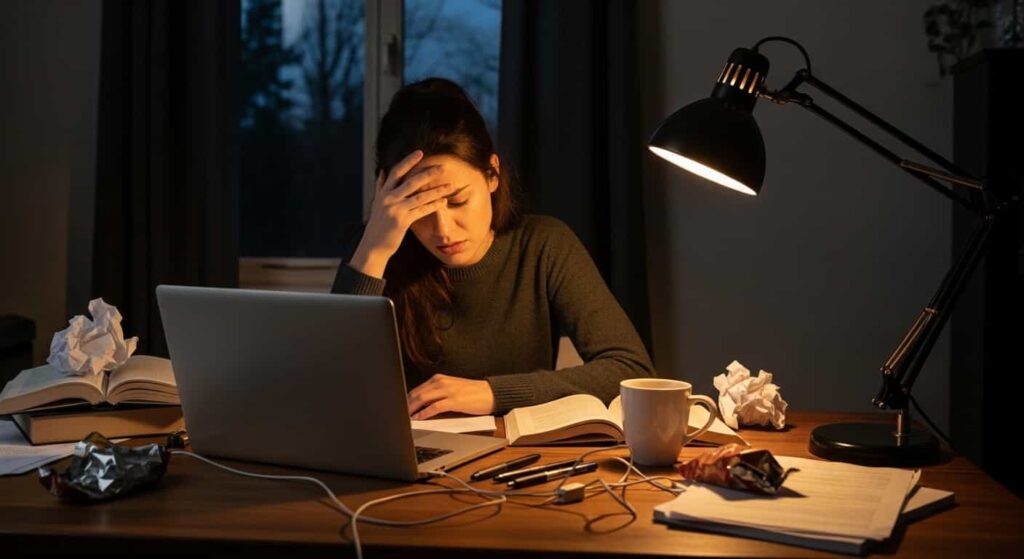 Frustrated woman at a messy desk in low evening light, holding her forehead while looking at a laptop screen