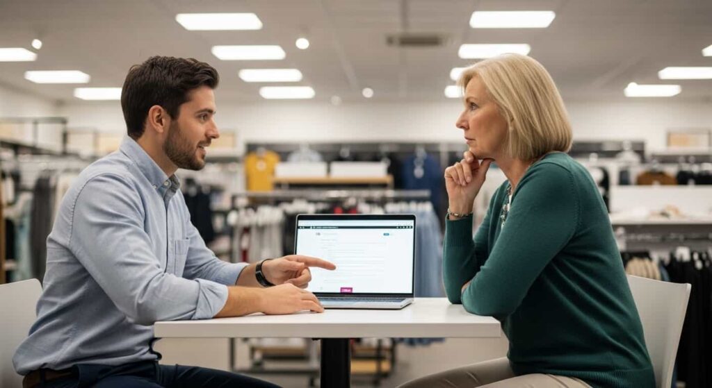 Web designer asking discovery questions to local retail store owner during website consultation