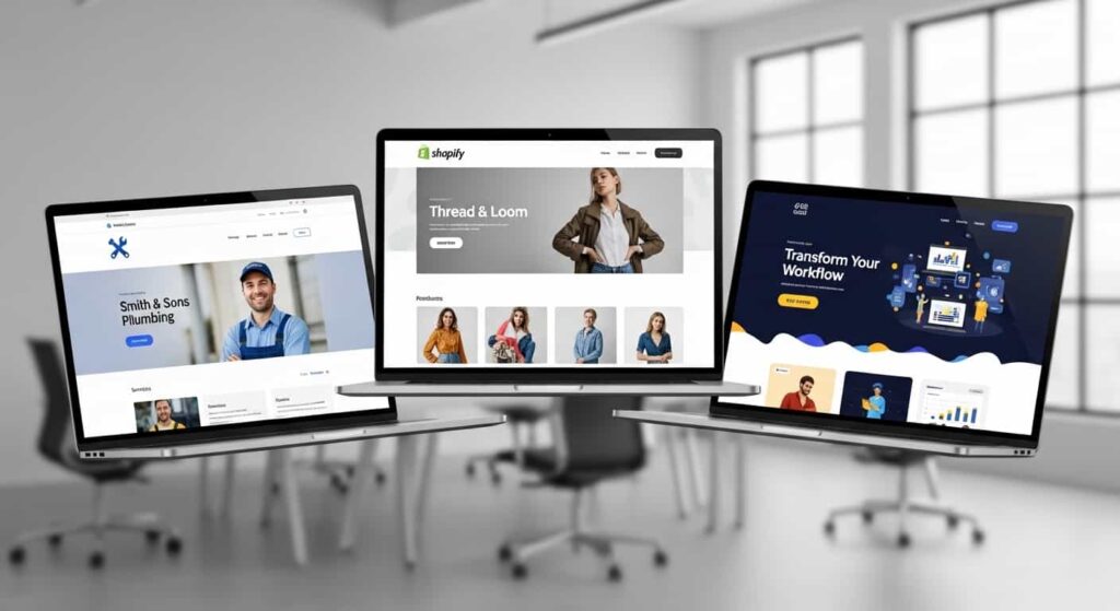 Comparison of three website project types small business site ecommerce store and saas landing page for pricing examples