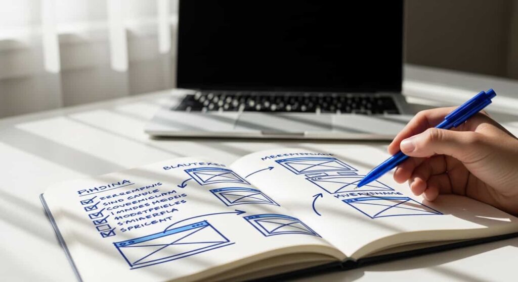 Handwritten website scope checklist and wireframe sketches on a designer's notebook