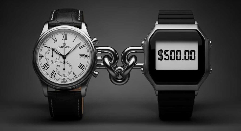 An analog watch and a digital watch linked by a chain representing a hybrid pricing model for freelance web developers.