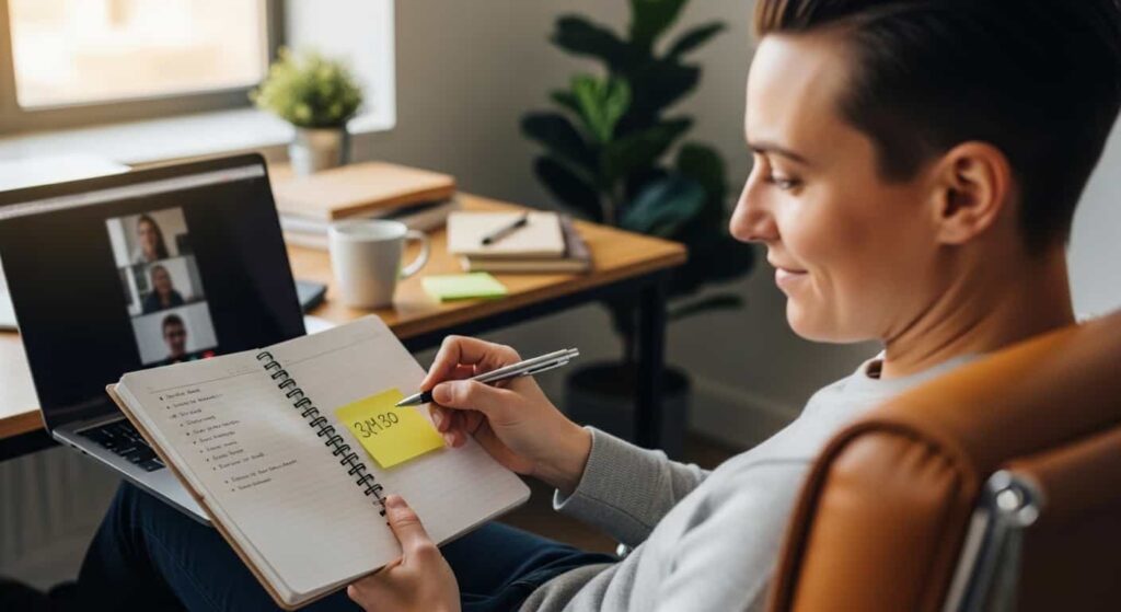 Freelance web developer taking detailed scope notes during a discovery video call with a potential client about a new website project.