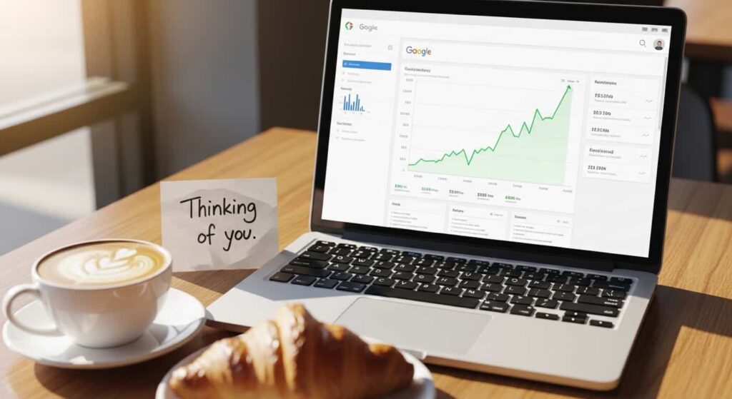 Laptop showing positive website traffic analytics next to a handwritten note and coffee at a cafe.