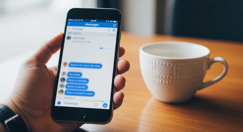 Hand holding a smartphone showing a blurred Facebook Messenger conversation, coffee cup beside it on a wooden table