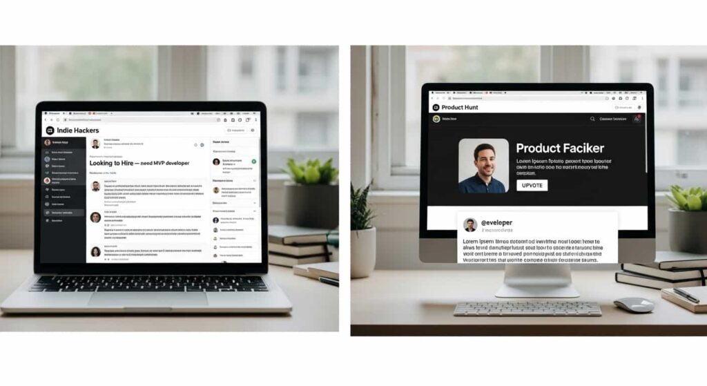 Startup founder hiring web developer on Indie Hackers forum and Product Hunt community engagement