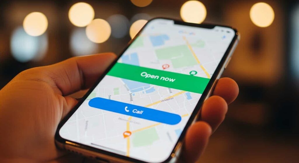 Customer searching for local business on smartphone showing call button and map results