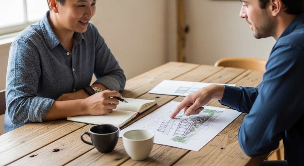 Freelance web developer and client discussing project scope and requirements during a discovery call meeting