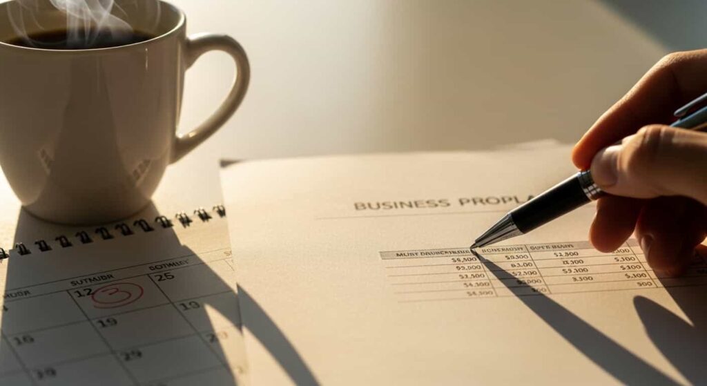 Designer pointing to pricing options on a printed proposal during a client review