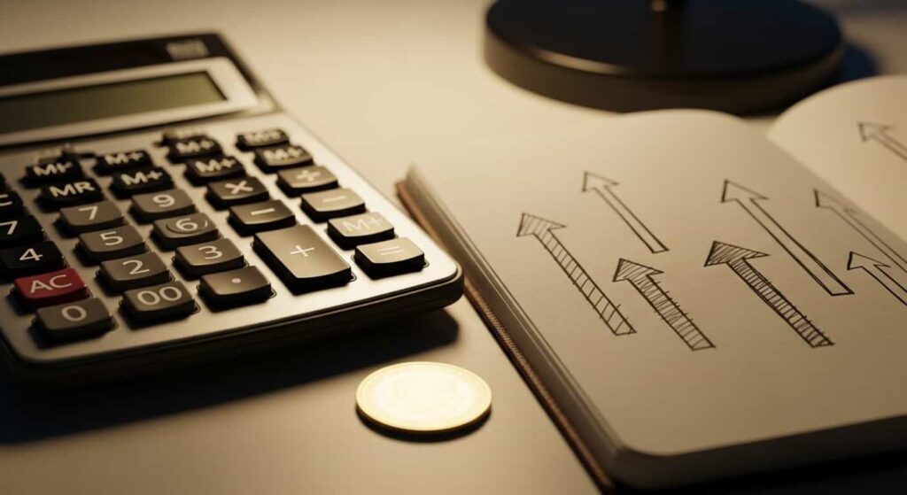 Financial calculator and notebook with upward arrows showing freelance web developer income target calculations.