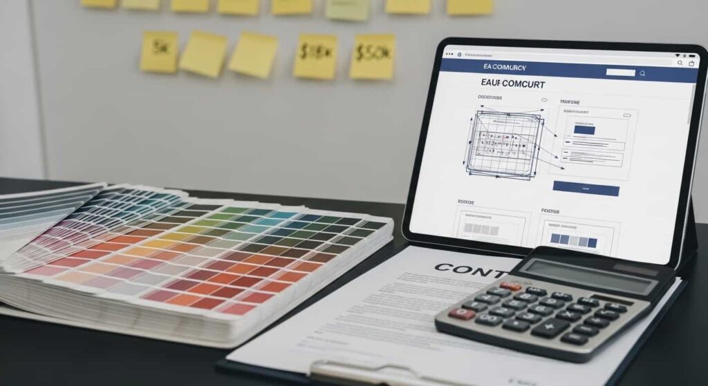 Web development pricing reference materials on a desk including a calculator, a design swatch book, and a tablet showing an e-commerce wireframe with sticky notes displaying project price ranges.