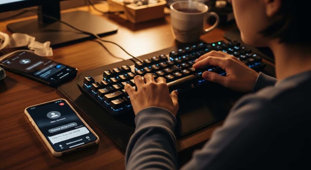 Person typing a thank you message on a keyboard while two smartphones show a new referral notification and a gratitude text.