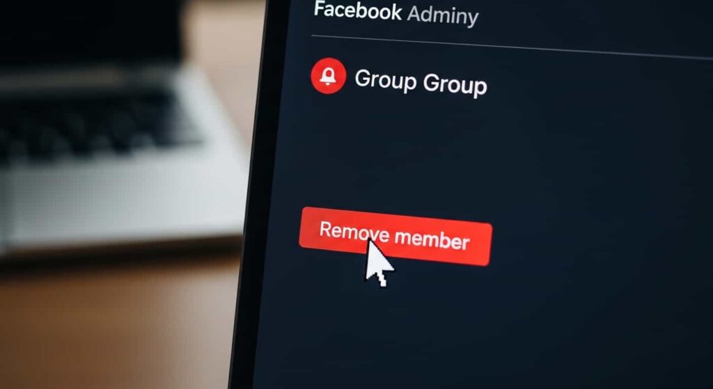 Facebook group admin panel with red notification badge and remove member option visible, dark mode screen in focus