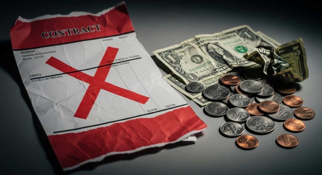 Torn invoice with red X mark and loose change representing common pricing mistakes costing freelancers money