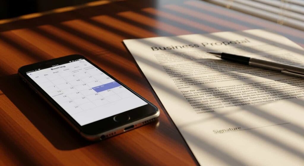 Smartphone with a booking link next to a signed web design proposal on a desk