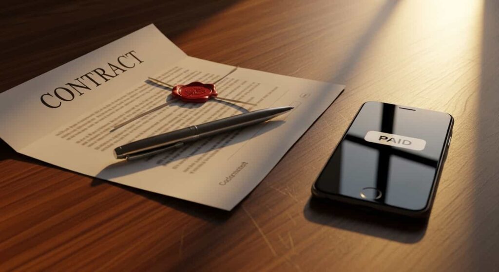 Freelance web developer's completed contract, pen, and smartphone payment notification signaling confident pricing and income growth.