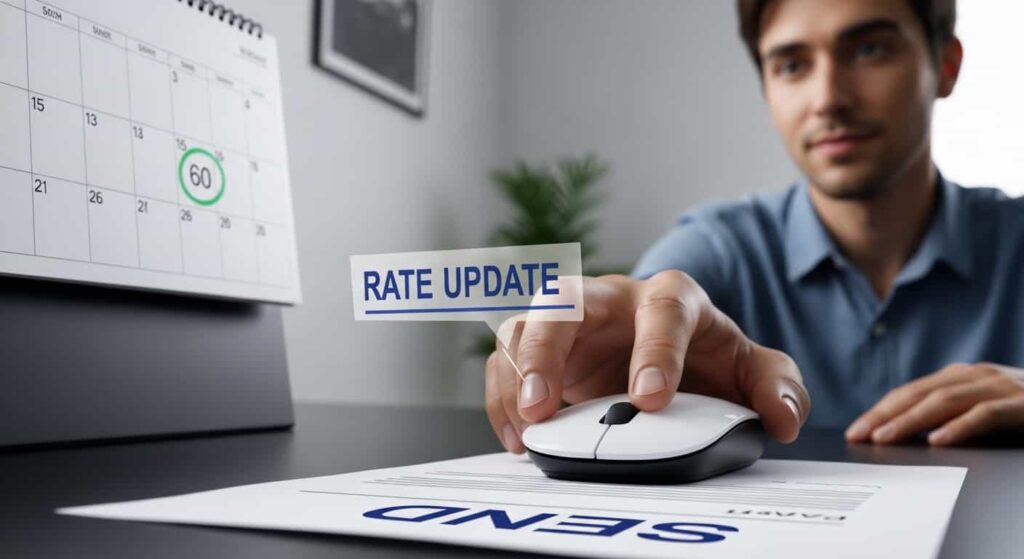 Confident freelance developer about to send a professional rate increase email to a client, with a calendar showing a 60-day notice period in the background.