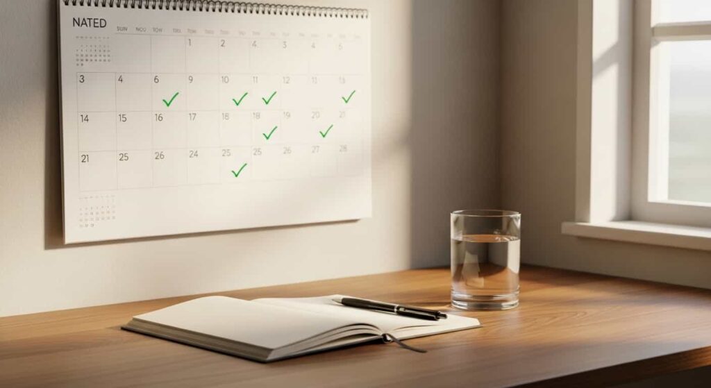 Organized workspace with calendar showing 30 days marked with green checkmarks, morning light through a window