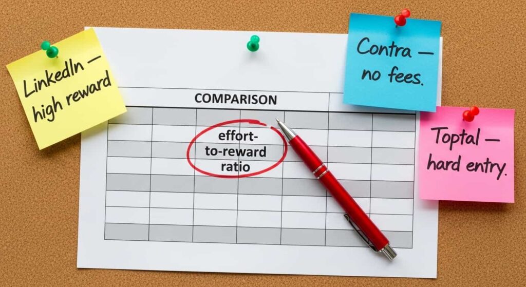 Comparison chart of freelance web development platforms ranked by effort to reward ratio on corkboard