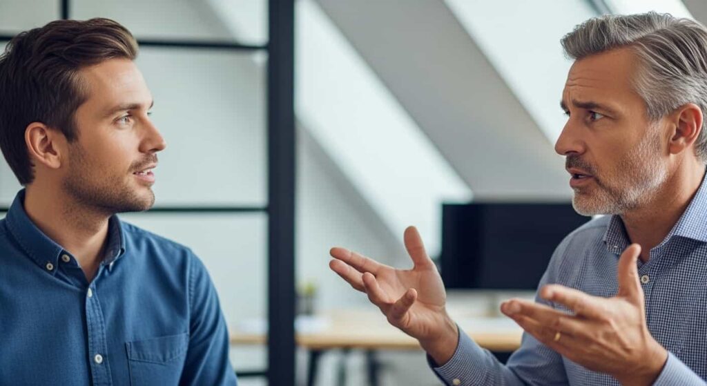 Web designer calmly listening to business owner's objection during website sales conversation