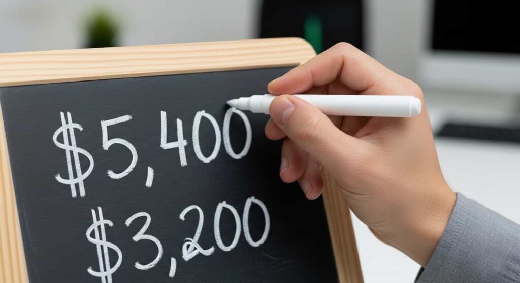 Hand raising prices on a chalkboard from 3200 dollars to 5400 dollars for freelance web development services