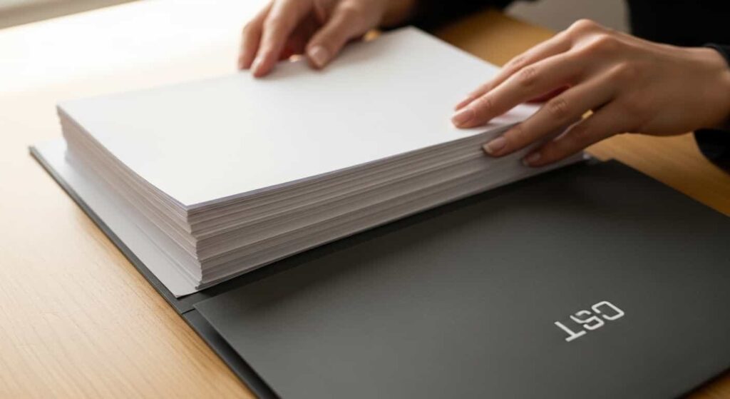Web designer placing a completed client proposal into a branded folder at the end of a project