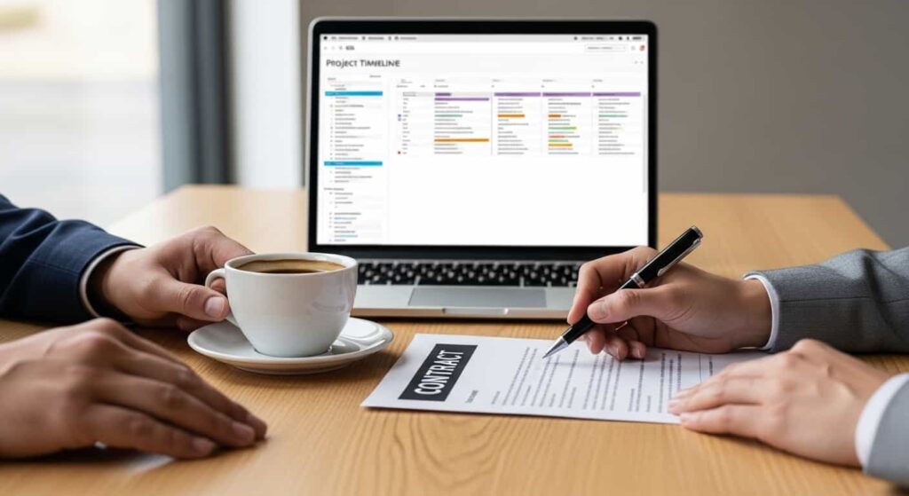 Two people negotiating a web development contract across a desk, with the developer using body language to set boundaries on scope and pricing.