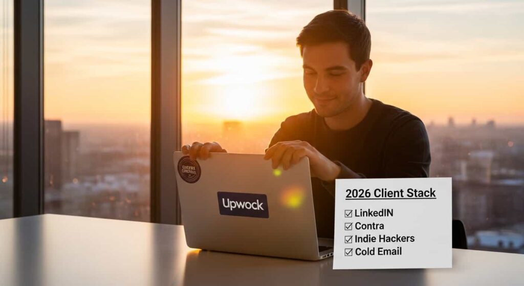 Web developer closing Upwork laptop to focus on LinkedIn Contra and cold email client acquisition stack in 2026