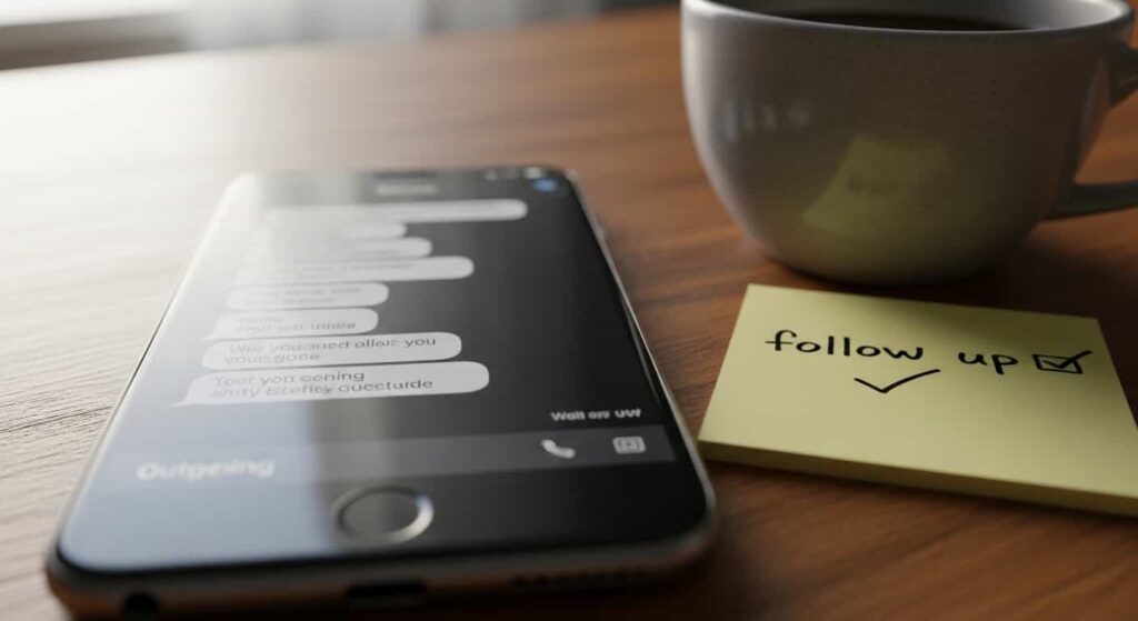 Freelancer sending follow-up text message to local business client from smartphone on desk