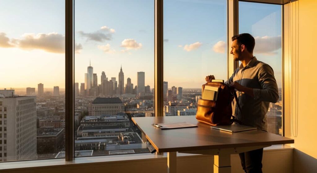 Confident freelance web developer finishing work with signed contract on desk looking at city skyline
