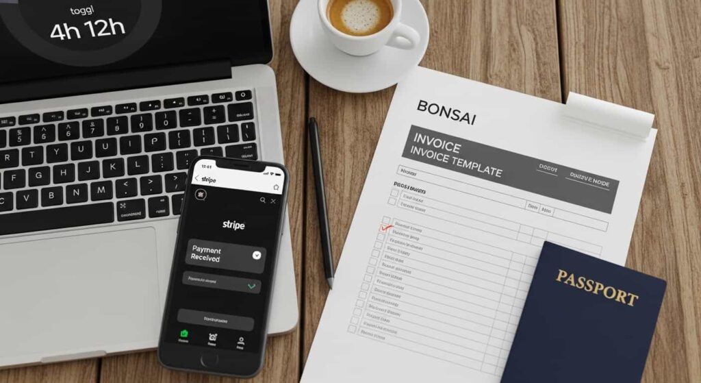 Flat lay of a freelance developer's payment toolkit including a laptop with time tracking software, a phone showing a successful payment notification, and a printed invoice template.