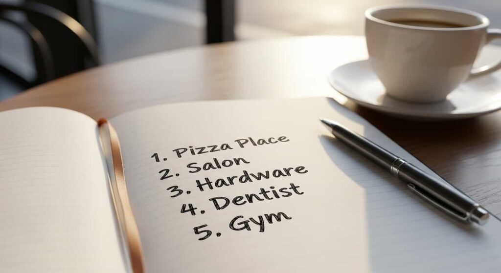 Handwritten list of local businesses to pitch for website design services resting on café table
